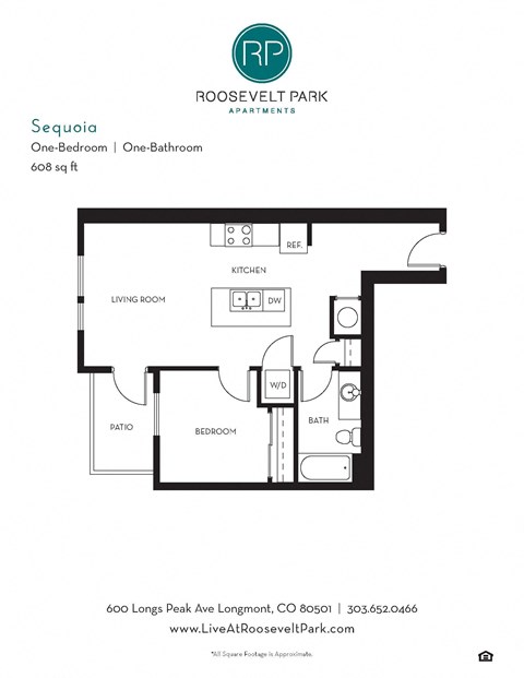Floor plan for 1 bed, 1 bath, 608 sqft